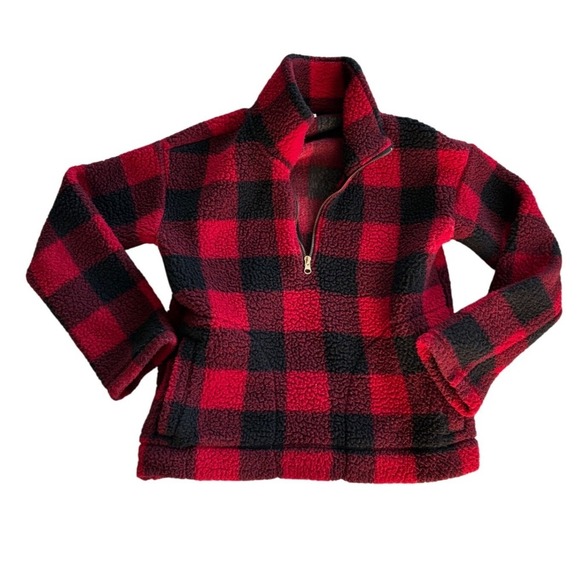 Old Navy Fleece‎ Pullover Buffalo Plaid Quarter Zip Cozy Red Black S - Picture 2 of 6